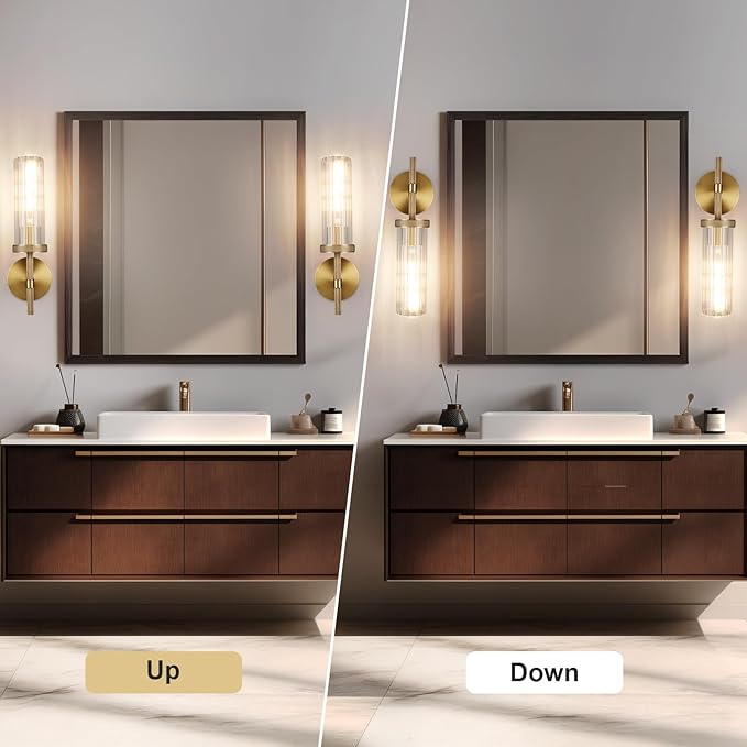 15" Knurled Brass Wall Sconces Set of 2, Gold Bathroom Vanity Light Fixtures with Vertical Striped Glass Tube, Modern Lamp Lighting for Bedroom, Living Room, Hallway, Staircase, Mirror, Kitchen