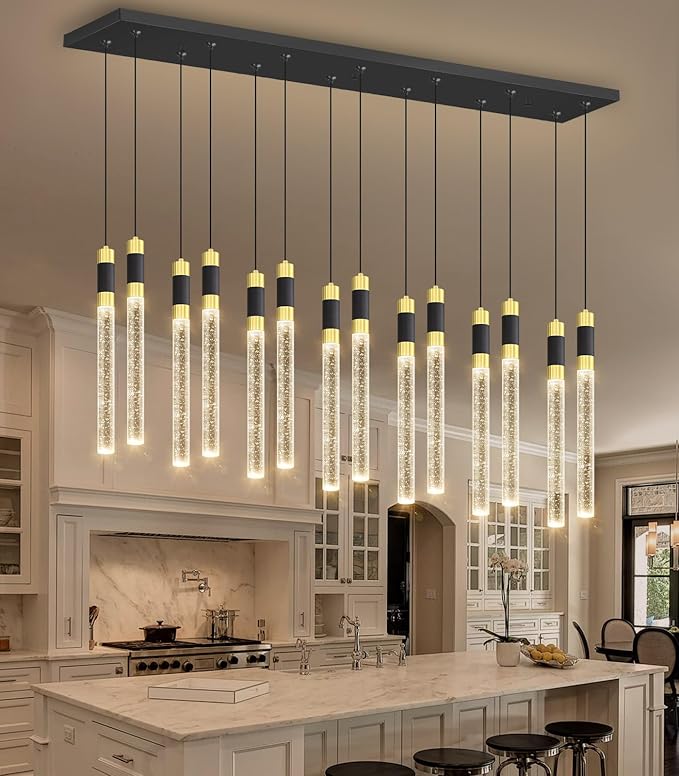 14-Lights Modern Rectangular Chandeliers for Living Room LED Dimmbale Light Fixture for High Ceiling Pendants Lighting for Dining Room