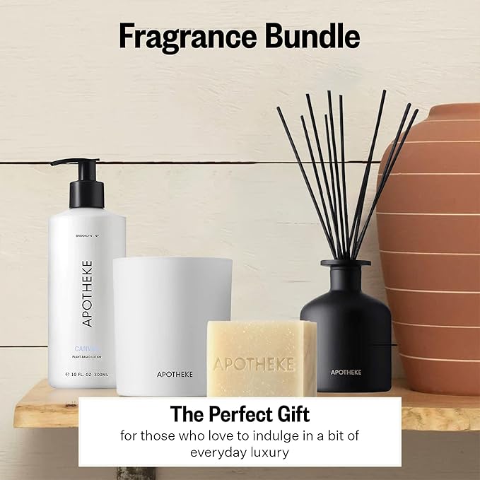 Apotheke Scented Candles, Charcoal Oil Reed Diffuser, Canvas Body Lotion & White Vetiver Bar Soap Set