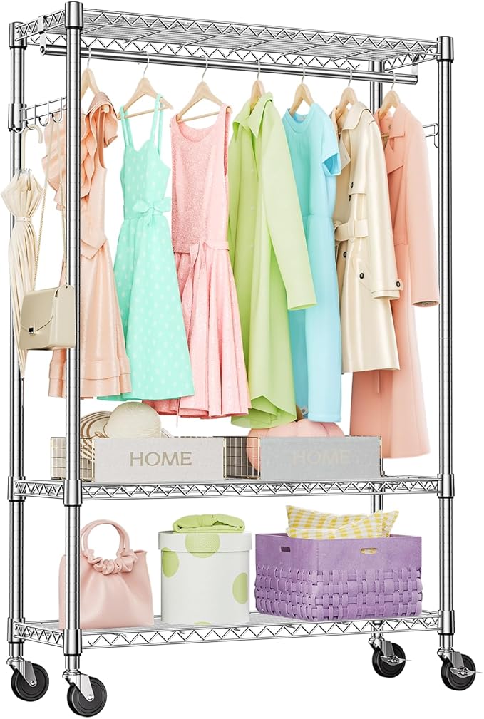 IZEUK 3 Tier Heavy Duty Rolling Garment Rack Wire Clothes Rack for Hanging Clothes, Metal Freestanding Closet Wardrobe Rack with 1 Rods and Wheels Chrome 15.7" D x 45.3" W x 75.6" H