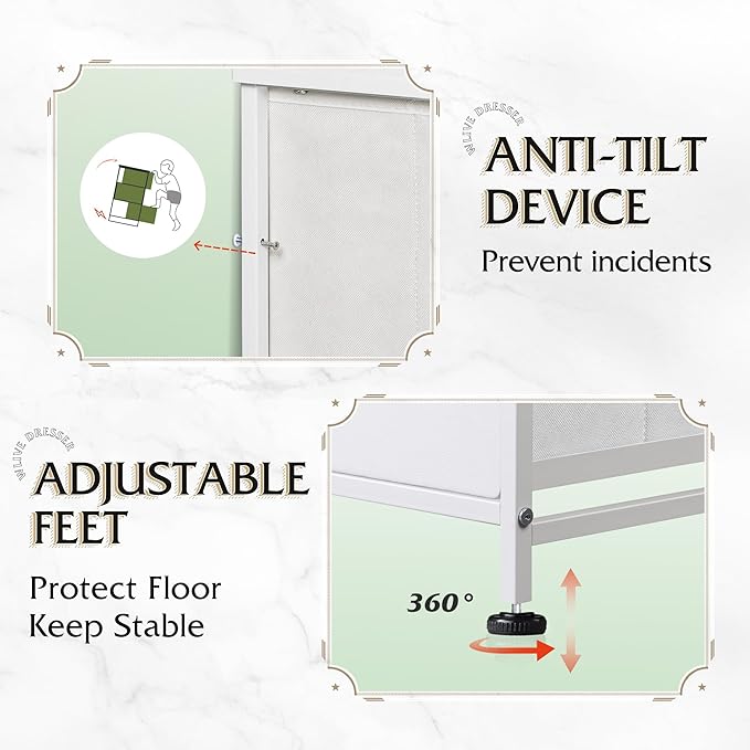 WLIVE 9-Drawer Dresser, Fabric Storage Tower for Bedroom, Hallway, Closet, Tall Chest Organizer Unit for Bedroom with Fabric Bins, Steel Frame, Wood Top, Easy Pull Handle, White