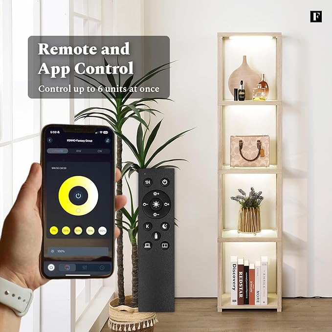 FENLO LED Display Shelf Unit – Dimmable Lighted Furniture for Bedroom, Living Room, or Office – Glass Curio Cabinet Shelf Lamp with App + Remote Control + Adjustable Lighting