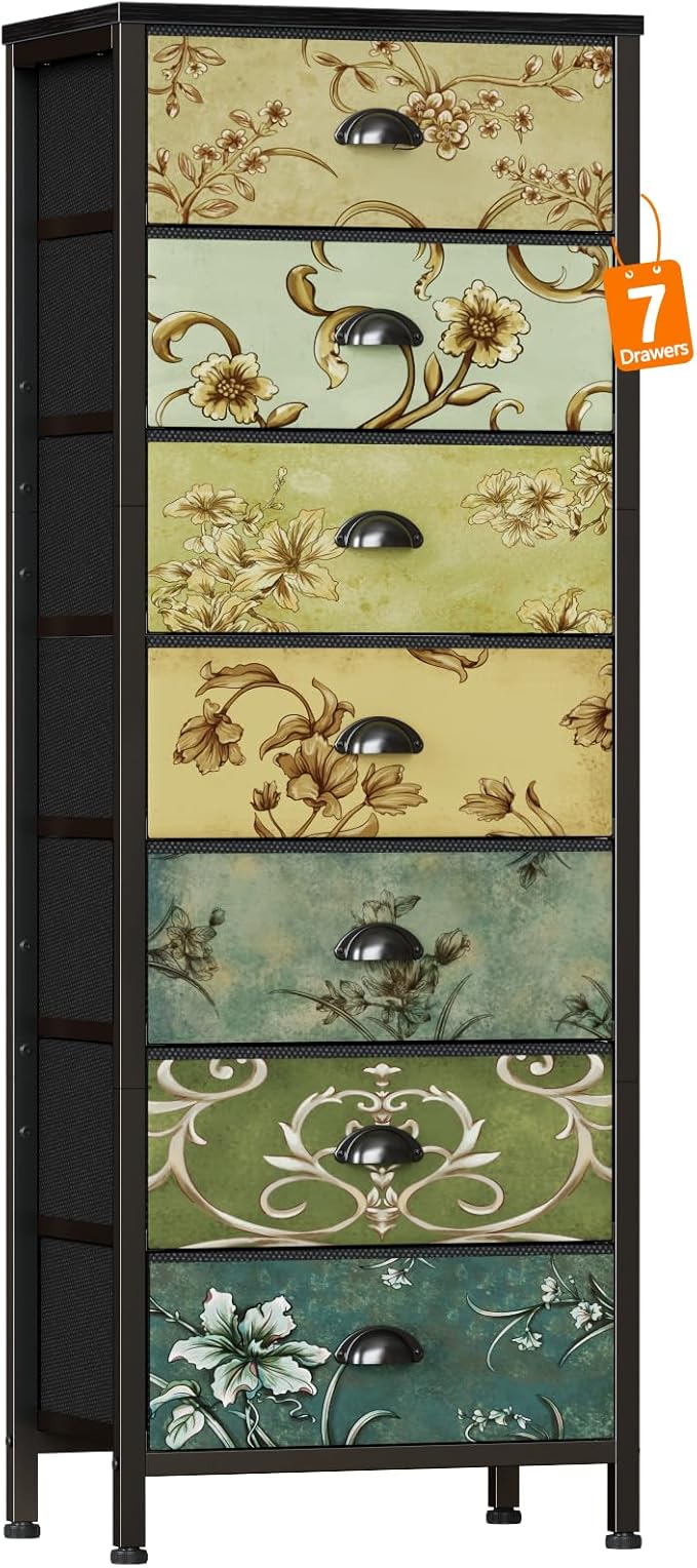 Furnulem Tall Dresser for Bedroom with 7 Fabric Drawers, Vintage Dressers & Chest of Drawers, Vertical Storage Tower Organizer Unit Retro Bedside Furniture in Closet,Living Room,Nusery,Dorm,Entryway