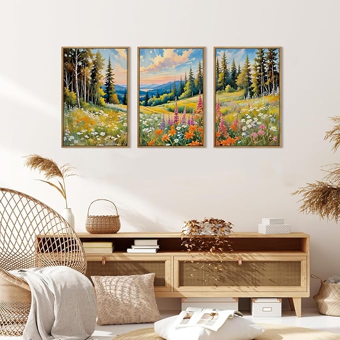 Anyzal Colorful Woodland Wall Art Large Floral Field Wall Decor 16x24 Inch Set of 3 for Living Room Bedroom Dining Room