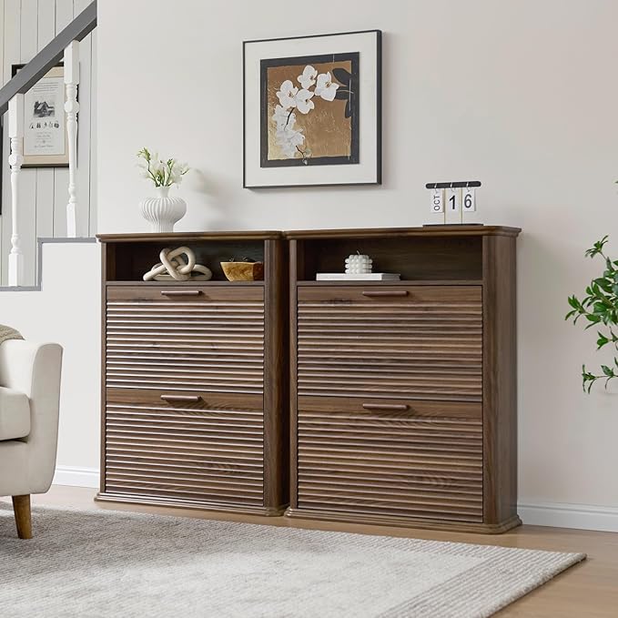 Okvnbjk Fluted Narrow Shoe Cabinet with 2 Flip Drawers, Shoe Storage Cabinet with Open Storage & Curved Profile Design, Wood Shoes Rack for Entryway, Hallway, Dark Walnut