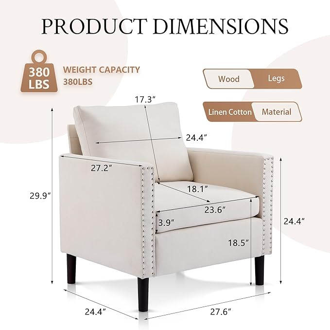 MOJAY Linen Cotton Accent Chair, Living Room Chair Comfy Armchair with Thick Padded Cushion, Lounge Sofa Club Chair with Sturdy Wood Legs for Bedroom Home Office (White, 1 Pack)