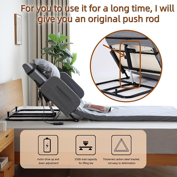 Adjustable Electric Bed Support Frame, Gray, Steel, 330lb Capacity, Remote Control, 65-Degree Tilt, Motor Drive,Portable Lift Mattress