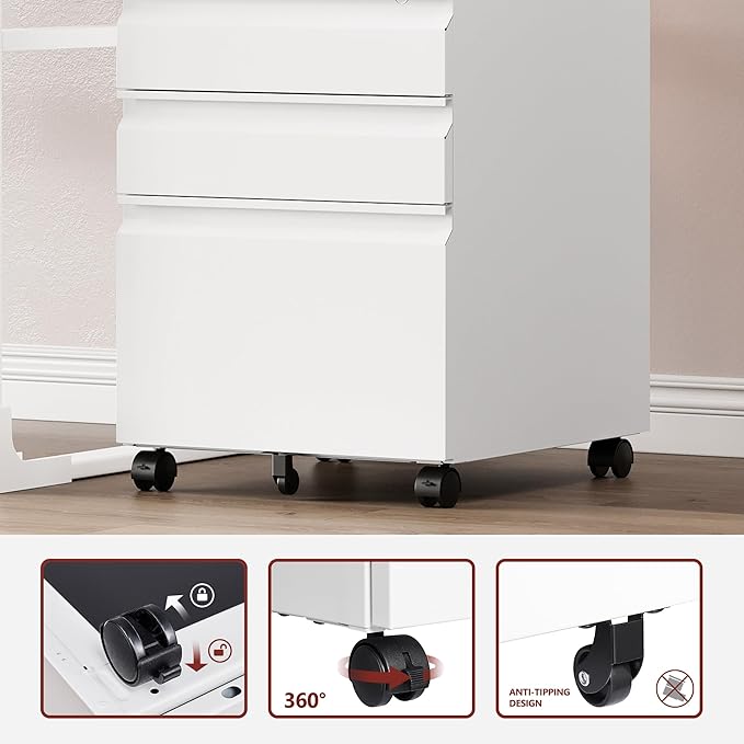 3 Drawer File Cabinet，Mobile Filing Cabinet with Lock and Wheels，Fully Assembled Metal Under Desk File Cabinets for A4/Letter/Legal Size（White
