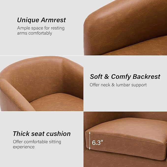 Swivel Barrel Chair, Modern Round PU Leather Accent Armchair for Living Room, Bedroom, Oversized Comfy Club Reading Chairs for Adults (Leather Brown, Set of 1)