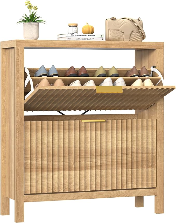 Shoe Cabinet Storage for Entryway, Fluted Shoe Cabinet with 2 Flip Drawers, Hidden Shoe Rack Tall Freestanding Shoe Organizer with Legs for Hallway, Wood