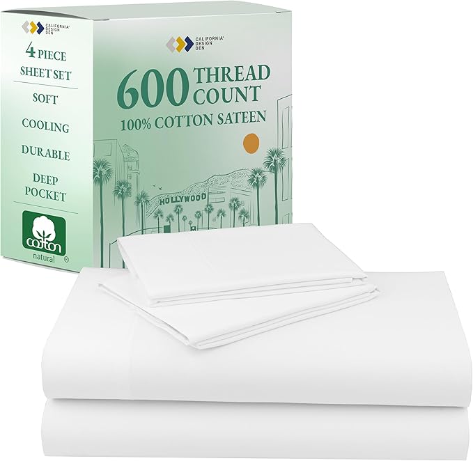 California Design Den Full Size Bed Sheets Set - Luxury 600 Thread Count 100% Cotton Sateen, Cooling Sheets, Deep Pockets with All Around Elastic for a Snug Fit, Hotel Quality Bedding Set - White