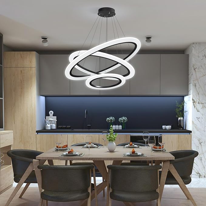 Modern LED Chandelier, 3 Ring Chandelier for Dining Room Living Room Pendant Lighting Fixture High Ceiling Hanging LED Pendant Ceiling Light Fixture for Bedroom Foyer （Black）