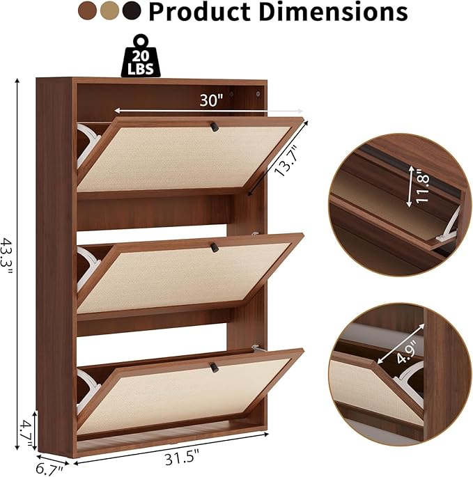 Narrow Shoe Storage Cabinet with 3 Flip Drawers, Wood Shoes Cabinet with Linen Doors Drawer, Freestanding Shoe Organizer Slim Shoe Cabinet Storage Shoe Rack for Entryway Hallway (Walnut)