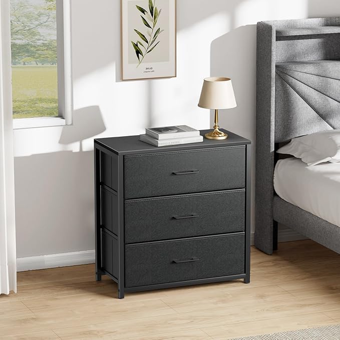 Nightstand with 3 Drawers for Bedroom, Storage Dresser with Fabric Drawers and Metal Frame for Closet, Living Room, Bedside Table with Wood Top, Easy Pull Handle, Black