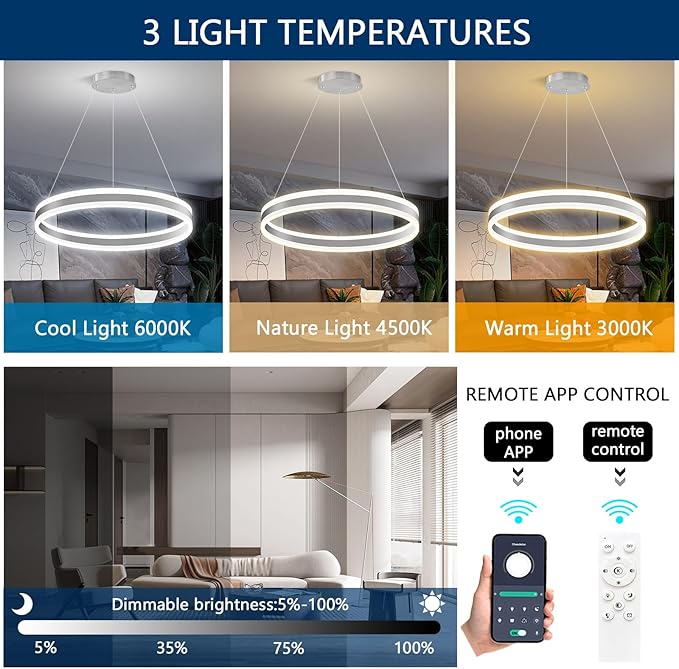 D23.6'' Modern Ring Chandelier for Dining Room LED Dimmable Pendant Lighting High Ceiling Chandelier for Living Room Foyer Bedroom Entryway 3000K-6000K Silver