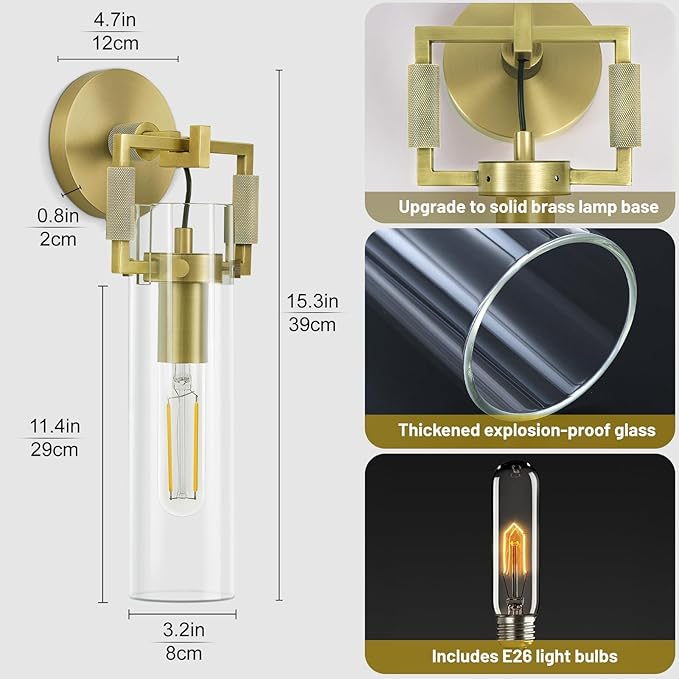 Modern Brass Wall Sconces,15.3'' Hardwired Wall Sconce with Knurled,Farmhouse Indoor Bathroom Sconce,Gold Vanity Lights for Bathroom,Glass Wall Sconce for Living Room,Bedroom,Hallway,Staircases