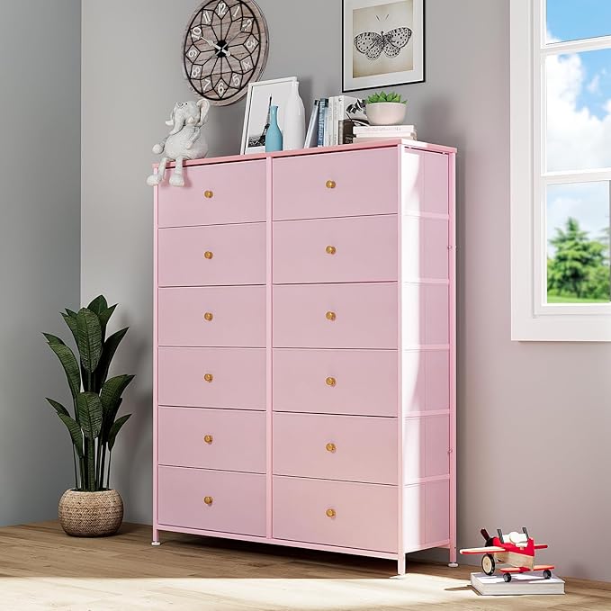 Arlopu 12-Drawer Dresser, 35.2’‘ Widened 6-Layer Fabric Storage Tower w/Textured Print Fabric Bins, Tall Chest Organizer Unit for Living Room, Hallway, Nursery, Closets, Adjustable Feetpad