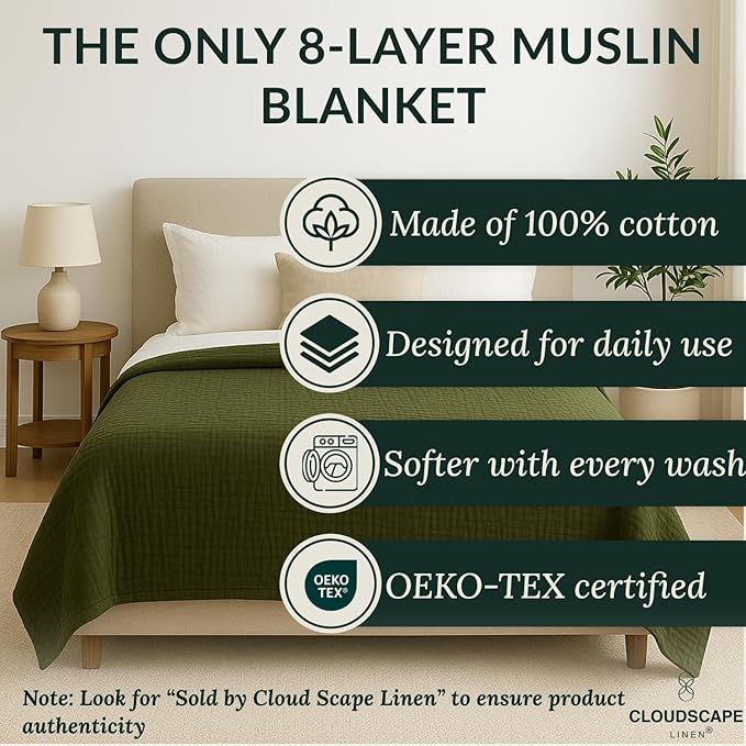 Cloud Scape Linen 100% 8-Layer Cotton Muslin Blanket Queen Size,Lightweight All Season Blanket for Bed, Oversized Cotton Blankets, fits Full Size Bed, 92x92, Olive Green
