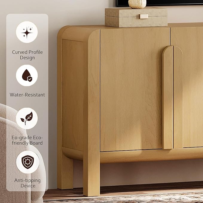 WAMPAT Modern TV Stand for TVs Up to 75 inches, 63" W Farmhouse Entertainment Center with Adjustable Shelf and 4 Doors, Media Console Table TV Cabinet for Living Room, Oak