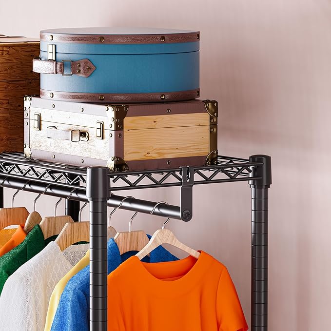 IZEUK 2 Combination Heavy Duty Garment Rack Wire Clothes Rack for Hanging Clothes, Metal Freestanding Closet Wardrobe Rack with 3 Rods Black 15.7" D x 43.3" W x 76.5" H