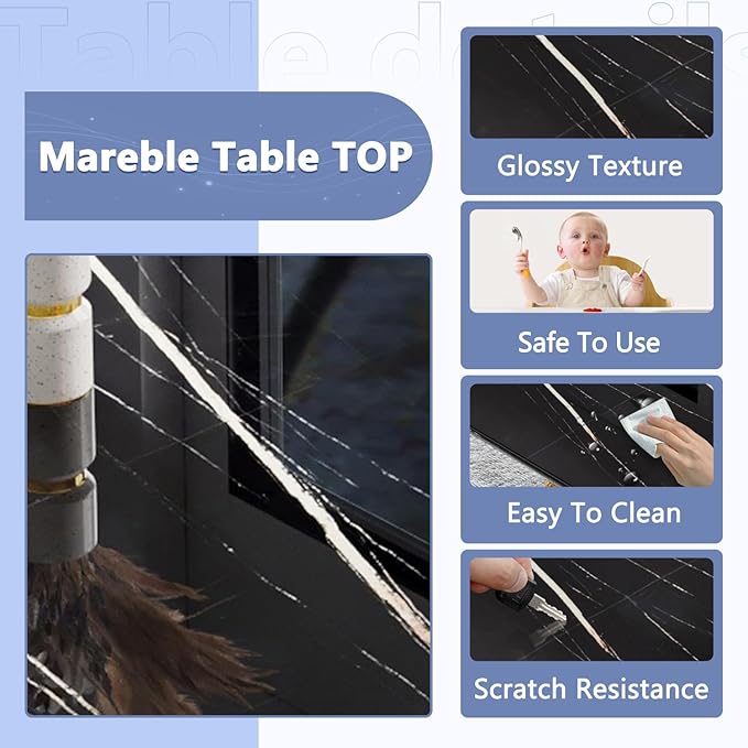 JUFU Dining Table Set for 8, 79'' Kitchen Table Chairs Set with Glossy Faux Mareble Table Top, Black Rectangle Dining Room Table Set for 8, 9 Piece Kitchen Table and Chairs Set for Kitcken Dining Room