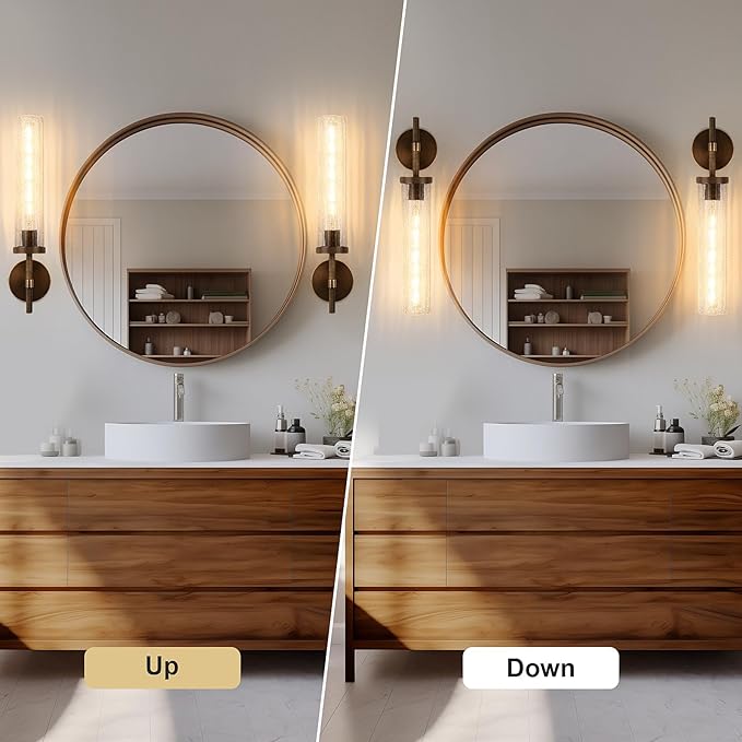 19.5" Knurled Brass Wall Sconce with Crackle Glass Tube, Bronze Bathroom Vanity Light Fixtures, Modern Lamp Lighting for Bedroom, Living Room, Hallway, Staircase, Mirror, Kitchen