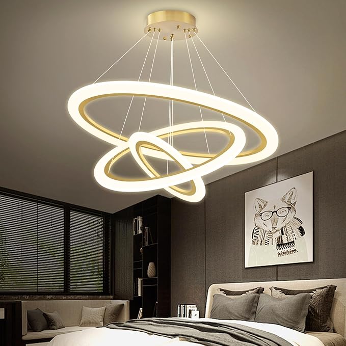 Modern LED Chandelier 3 Ring Chandelier for Dining Room Living Room Pendant Lighting Fixture High Ceiling Hanging LED Pendant Ceiling Light Fixture for Bedroom Foyer Gold