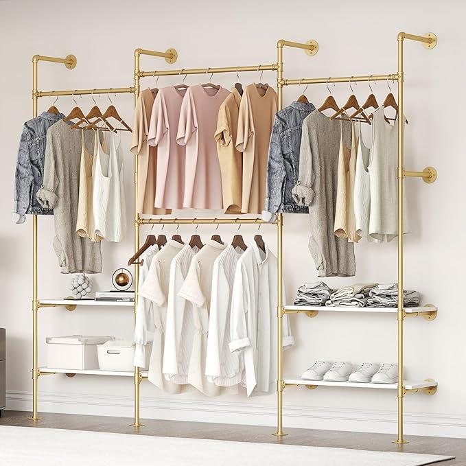Industrial Pipe Clothing Rack, Wall Mounted Clothes Rack for Hanging Clothes, Retail Display Rack with Shelves, Add Corner installation Method (Gold, III-2Tier)