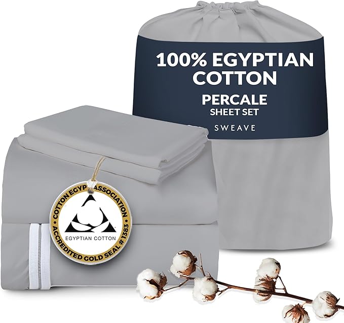 100% Egyptian Cotton Percale Sheets Split King Size - Genuine Luxurious 400 Thread Count - Naturally Crisp, Breathable, Skin-Friendly & Cooling - Softer After Each Wash -Oeko-TEX Certified Giza