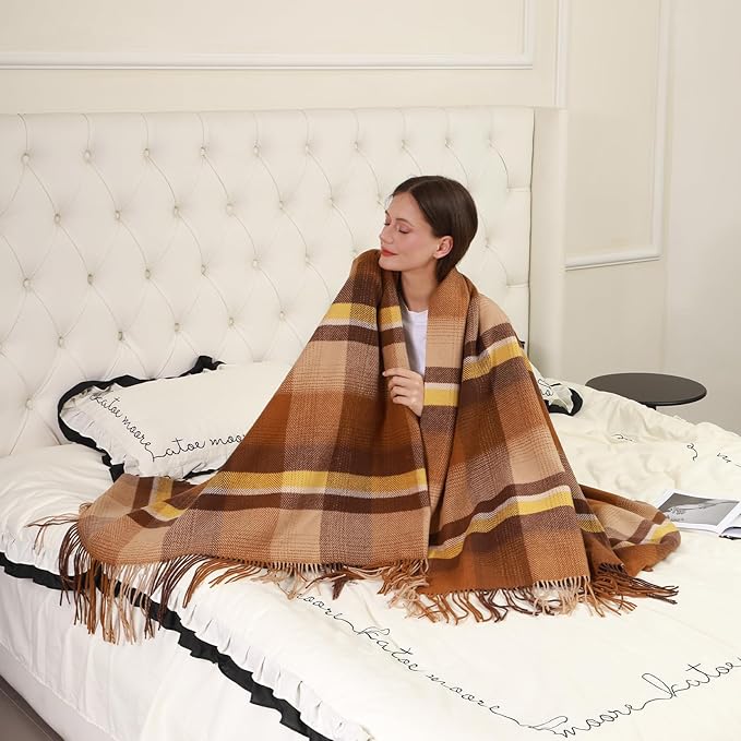 Coffee Brown Plaid Throw Blanket for Couch,100% Wool Throw Blanket for Home Decor, Soft Lightweight Cozy All Season Decorative Vintage Blankets for Travel,Bed, Sofa, Chair, Outdoor 55'' x 83''/2LBS