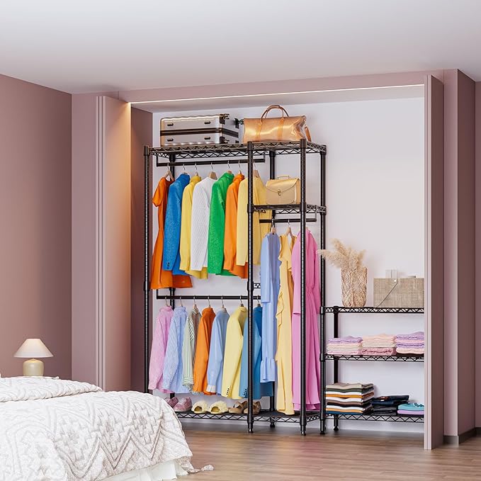 IZEUK 2 Combination Heavy Duty Garment Rack Wire Clothes Rack for Hanging Clothes, Metal Freestanding Closet Wardrobe Rack with 3 Rods Black 15.7" D x 43.3" W x 76.5" H