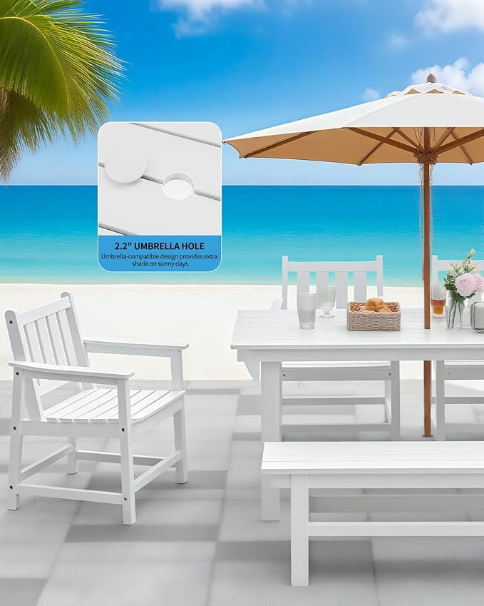 QUASCO Outdoor HDPE Dining Set for 6, Patio Dining Furniture Set with Umbrella Hole Table and 1 Bench and 4 Chairs, All Weather Outdoor Dining Bench Sets for Poolside, Garden, Deck, White