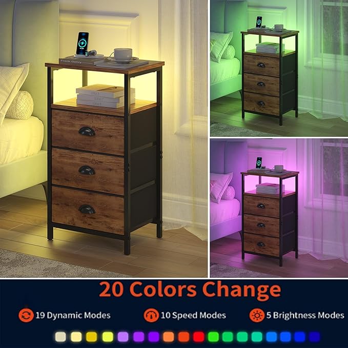 Nightstand with Charging Station,LED Night Stand with 3 Fabric Drawers, Bedside End Tables, 2-Tier Open Storage Shelf Side Table Nightstand with Drawers for Bedroom,Rustic Brown