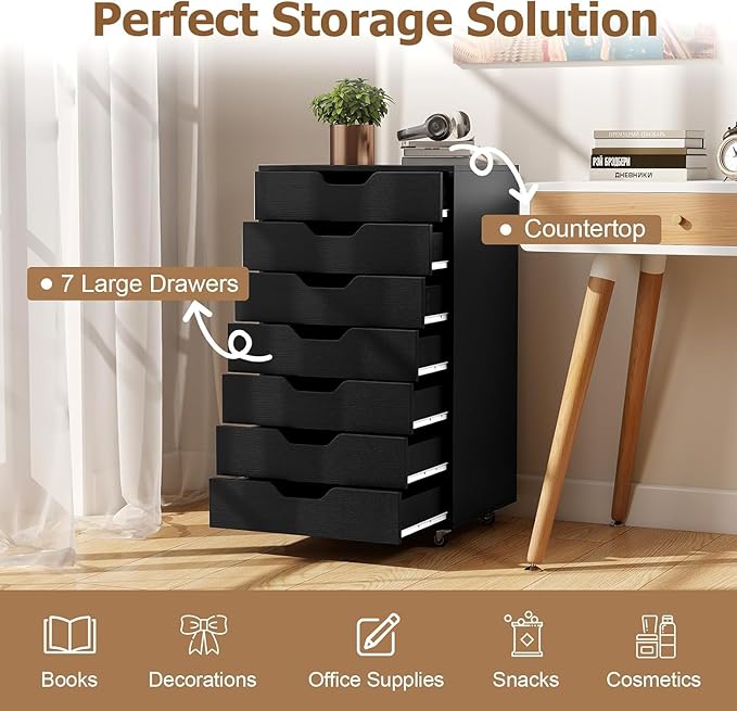 LOKO 7-Drawer Storage Cabinet, Versatile Drawer of Chest with Lockable Wheels, Mobile Office Lateral File Cabinet, for Home Office, Study (Black, 16" D x 19.5" W x 34.5" H)
