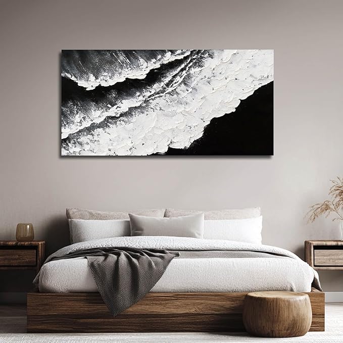 NBAODAN Abstract Wall Art Modern Artwork White Canvas Pictures Large Painting Textured Art 29"x58" Black Office Wall Decor Home Decorations for Living Room