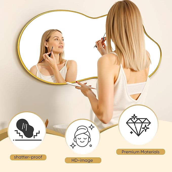 Suidia Irregular Wall Mirror, 48"x26" Bathroom Mirror Asymmetrical Mirrors Artistic Mirrors Decorative for Living Room Bedroom Bathroom Hallway Entryway, Gold, Cloud Style