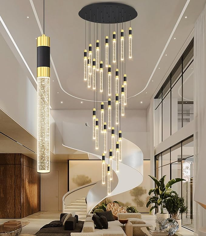 Modern 14.5ft LED Chandeliers for Living Room, Dining Room, Entryway - Dimmable Crystal Cylinder Pendant Lights