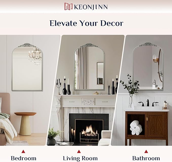 Keonjinn Vintage Mirror 24" x 36", Antique Mirrors for Wall Decor, Silver Arched Decorative Mirror for Mantle, Hallway, Living Room, Fireplace, Bedroom, Bathroom Mirror with French Cleat Mounting