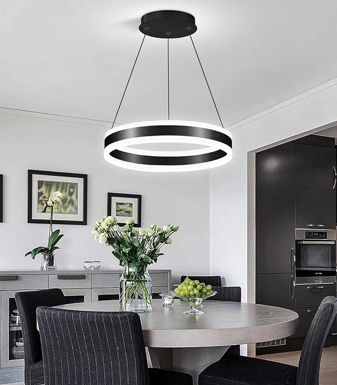 D15.7'' Modern Ring Chandelier for Dining Room LED Dimmable Pendant Lighting High Ceiling Chandelier for Living Room Foyer Bedroom Entryway 3000K-6000K Black
