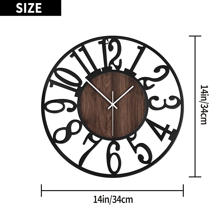 LEIKE Large Wall Clocks,Silent,Non Ticking,Battery Operated Small Vintage Round Modern Wood Wall Clock for Living Room, Bedroom,Kitchen,Farmhouse,Office Decor-13.5 Inch(Black-Arabic Number)