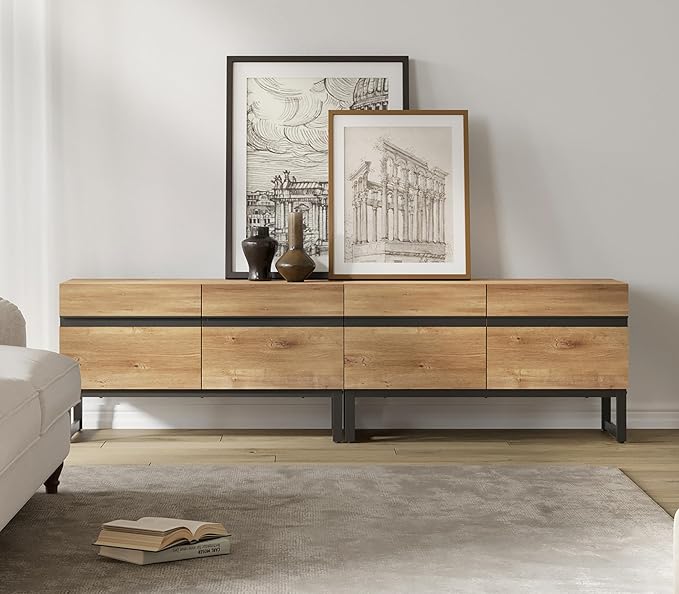 WAMPAT Modern TV Stand with Storage Cabinets for 75 Inch TV, Wood Entertainment Center Media Console Table with Metal Leg for Living Room Bedroom, Oak