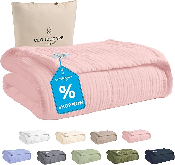 Cloud Scape Linen Extra Large 8-Layer Muslin Throw Blanket, 100% Cotton Gauze Blanket for Couch, Sofa, Bed, Lightweight, Suitable for All Season,50x70, Seashell Pink
