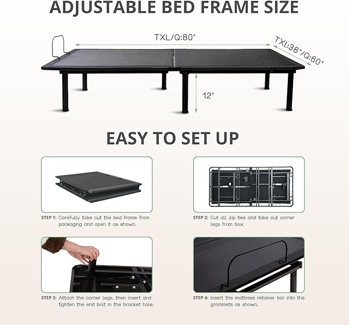 Twin XL Adjustable Bed Base Frame and 10 inch Green Tea Memory Foam Mattress, Electric Bed Base w/Wireless Remote, Zero Gravity Bed, Head and Foot Incline, Anti-Snore,Easy Assembly