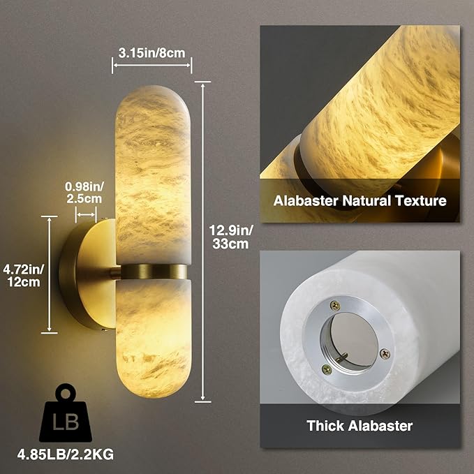 Alabaster Wall Sconces, 13" Glod Wall Sconce, Modern Bathroom Sconces Lighting, Black Spanish Natural Marble Sconce for Living Room, Bedroom, Stairs, Hallway