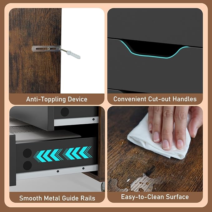 LOKO 7-Drawer Storage Cabinet, Versatile Drawer of Chest with Lockable Wheels, Mobile Office Lateral File Cabinet, for Home Office, Study (Rustic Brown + Black, 16" D x 19.5" W x 34.5" H)