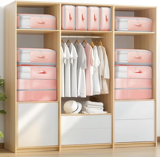 1 Pack Compression Storage Bags - 110L Large Capacity Comforter Storage Bag, 3-Layer Washable Ultra Space Saving Self Compression Organizer Space Bags for Blankets, Sweaters, Sheets, Pink