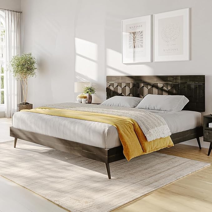 Bme Georgina King Size Bed Frame and Headboard, Signature Handcrafted Geometric, US Patent Pending Design, Solid Wood, No Box Spring Needed, 12 Strong Wood Slats Support, Easy Assembly, Mocha