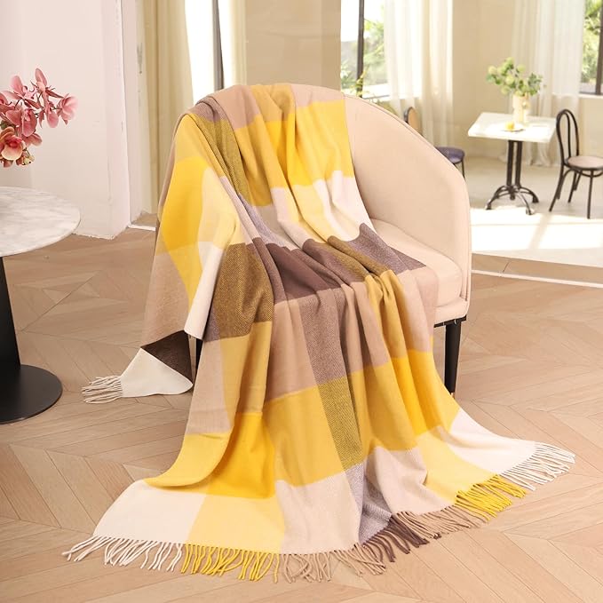 Yellow Gingham Throw Blanket for Couch,100% Wool Throw Blanket for Home Decor, Soft Lightweight Cozy All Season Decorative Vintage Blankets for Travel,Bed, Sofa, Chair, Outdoor 55'' x 83''/2LBS