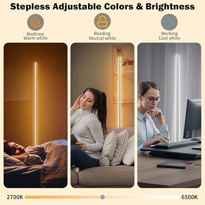 RGBW Floor Lamp, Smart LED Corner Lamp with WiFi APP Remote Control, Compatible with Alexa, 2700k-6500k Color Changing Standing Lamp for Bedroom Game Room, Modern Floor Lamp for Living Room Silver