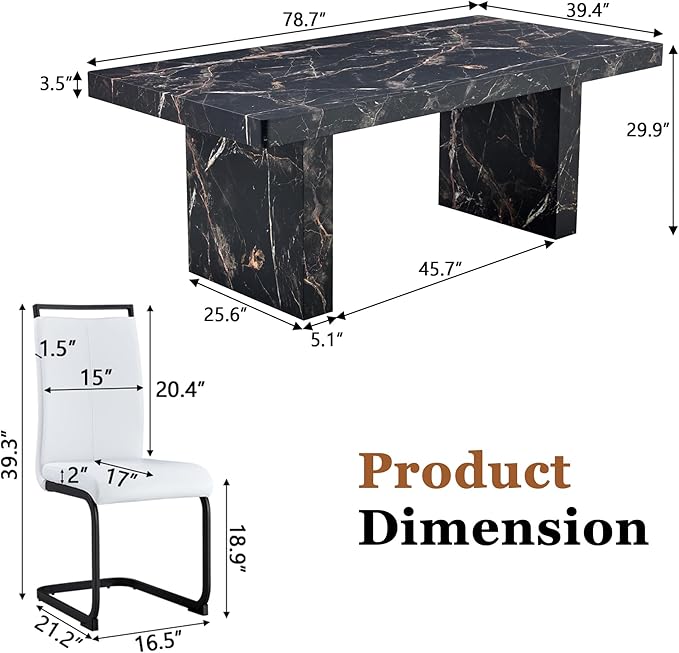 Ebullient Marble Dining Table Set for 6, 79'' Black Kitchen Table Set for 6, 3.5'' Thick Wooden Top with Rectangle Heavy Duty Legs, Modern Dining Table and Upholstered Chairs Set of 6, Marble Grain